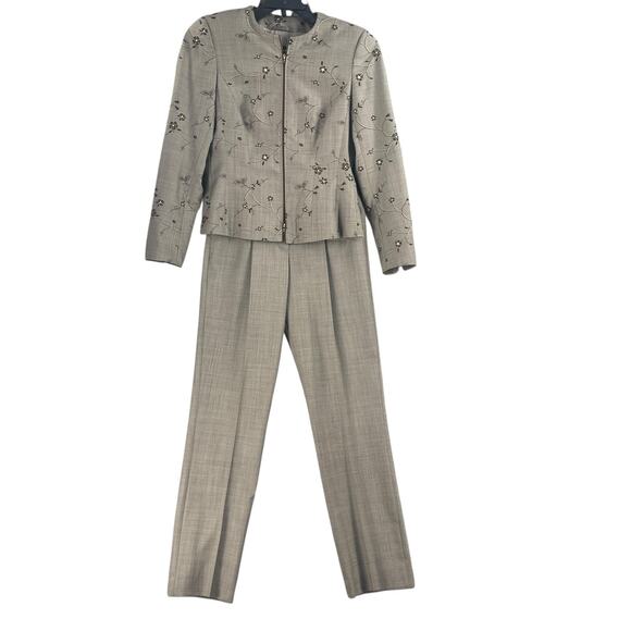 Escada Suit Womens 34 / M Gray Pure New Wool Floral Embroidered Jacket Pants Set - Picture 1 of 16